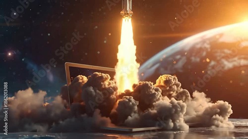A digital launchpad: a rocket takes off from a laptop screen against a cosmic backdrop.
