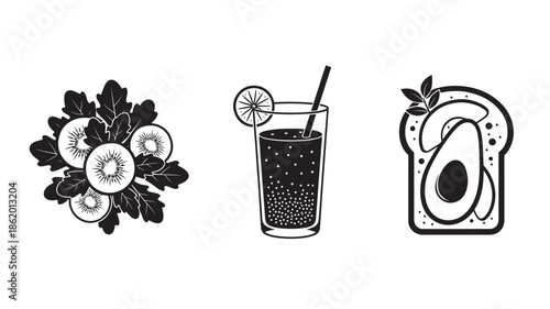 Food icons in minimalist black and white illustration style for healthy eating menu design