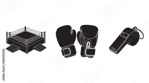 Boxing Ring and Equipment in Simple Monochrome Design on White Background for Sports Illustration