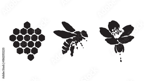 Bee and Honeycomb Silhouette with Flower in Simple Black Illustration for Eco-Friendly Branding