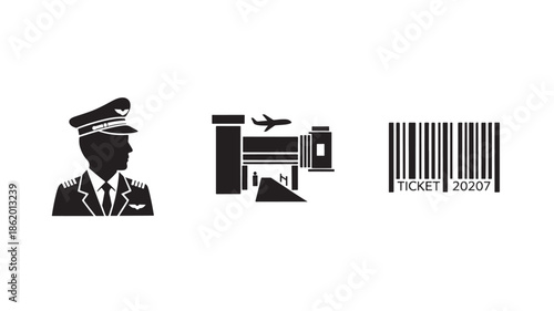 Airport Staff Member with Ticket Counter and Barcode in Simple Monochrome Silhouette for Travel Industry