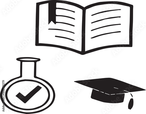 Open Book Graduation Cap and Flask with Check Mark Icons bookmark mortarboard