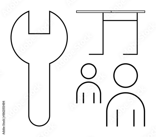 Tools, teamwork, business, office setup, maintenance, mechanics. Minimalist outline of a wrench, a desk and two human figures. Tools and teamwork concept for mechanics and business solutions