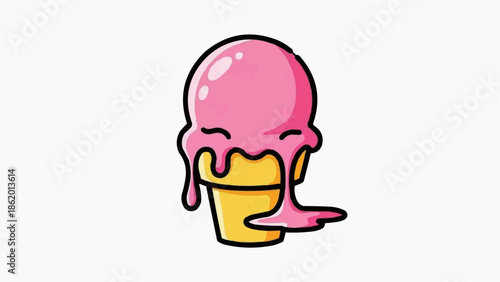 Melting pink ice cream in a yellow cone on white background