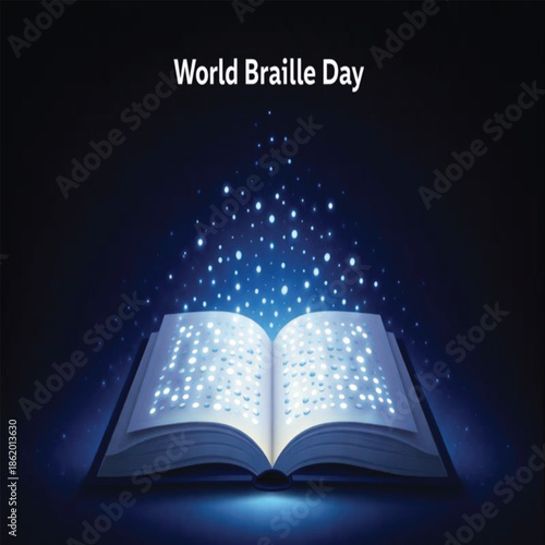 Open Book with Braille Text Emitting Glowing Light Particles for World Braille Day