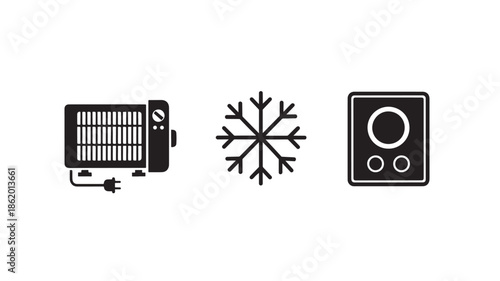 Heater, Snowflake, and Thermostat Icons in Simple Monochrome Design for Winter Home Appliances