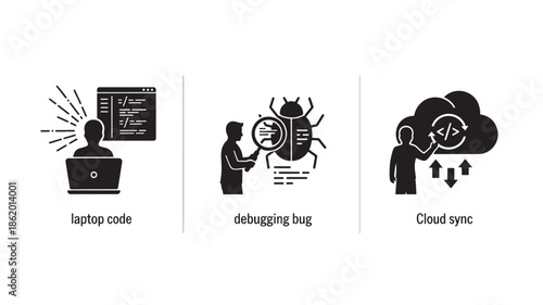 Coding and Debugging Icons in Minimalist Black Silhouette Style on White Background for Software Development