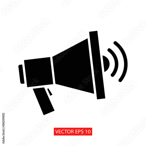 Bold black megaphone icon for announcements and communication
