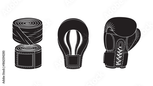Boxing Equipment Set in Simple Monochrome Illustration Style with High Contrast Lighting on White Background for Sports Marketing