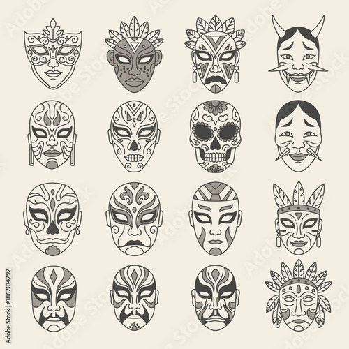 Collection of diverse cultural masks for artistic and commercial use