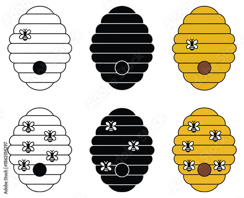 Bee hive with bees clipart set, vector graphic illustration of honeycomb and flying bees, nature and ecology concept, pollination and beekeeping symbols, cute and detailed design for educational and c