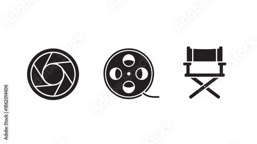Film and photography icons in minimalist black style with clean lines and simple shapes for graphic design