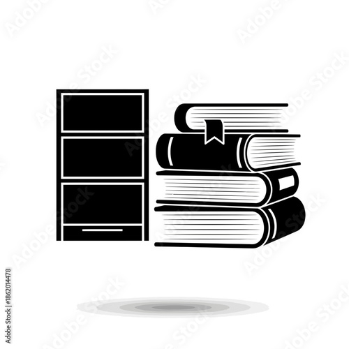 Stack of books next to empty bookshelf in minimalist style