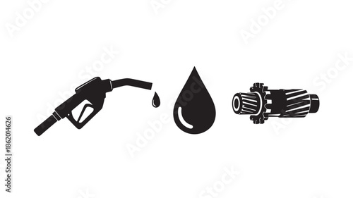Fuel nozzle, oil drop, and filter in simple flat design with black color on white background for energy industry
