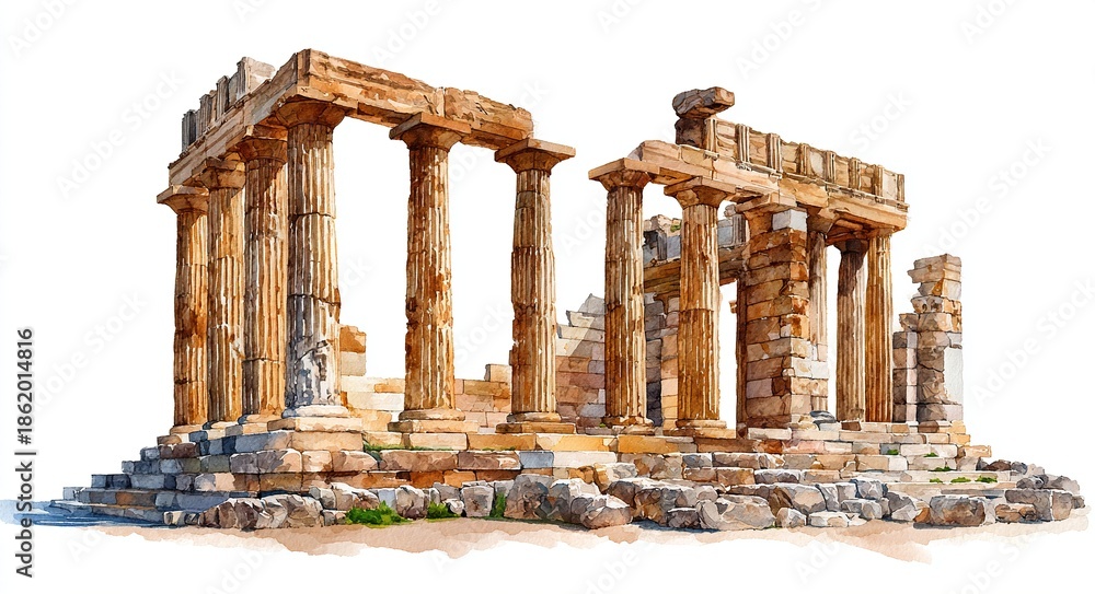 Obraz premium Watercolor of Ancient Classical Ruins with Columns