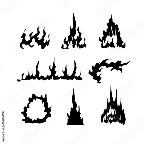 Fire silhouette vector set in abstract bold black style, featuring flames and burning shapes isolated on white background