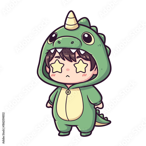 Cute chibi boy in dinosaur costume with star eyes.