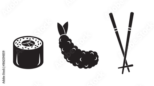 Sushi with Grapes and Chopsticks in Simple Silhouette Style on White Background for Asian Cuisine