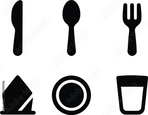Basic cutlery and tableware icons like knife, spoon, fork, napkin, plate, and glass for dining, restaurant, and food service graphics