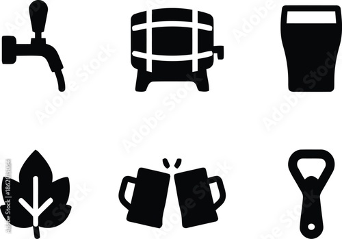 Collection of beer related icons including tap, barrel, pint glass, hops, clinking mugs, and bottle opener for beverage themes and pub illustrations