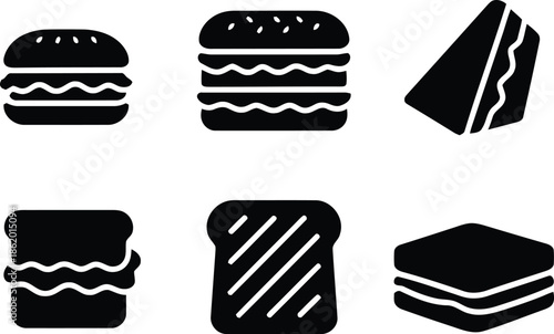 Collection of black vector food icons including hamburgers, cheeseburgers, sandwiches, and toast on transparent background, ideal for menus, food delivery apps, or culinary-themed designs