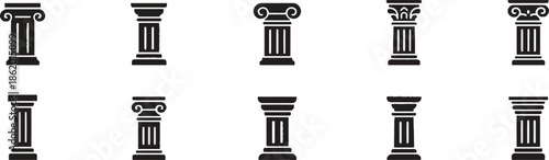 Collection of Column Architecture Icons with Greek and Roman Style in Black Color Isolated on Checkered Background Two Rows and Twelve Objects 200 Characters