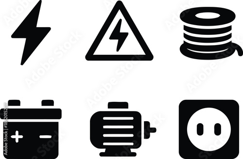 Electricity power icons set lightning bolt danger sign wire reel battery motor electric socket energy supply industrial current voltage wiring cable connector warning symbol