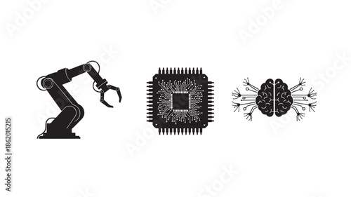 Robot arm with microchip and brain illustration in black and white futuristic style for technology