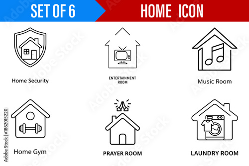 Set of Six Home Icons Illustrating Home Security, Entertainment, Music, Gym, Prayer, and Laundry Rooms isolated on Transparent Background