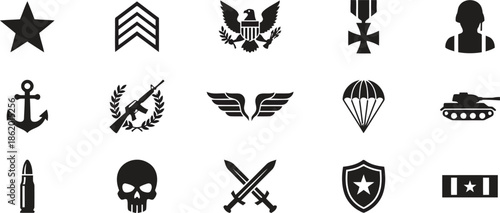 Military Icons Collection Army Navy Airforce Elements Isolated on Transparent Background Black Vector Illustration Star Sergeant Eagle Medal Anchor Rifle Wings Parachute Tank