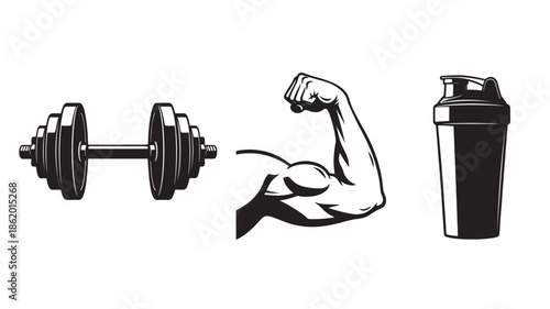 Fitness Essentials Illustration in Monochrome Style with High Contrast Lighting on White Background for Health and Wellness