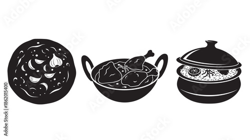 Asian Cookware Set in Simple Monochrome Design with Decorative Patterns for Culinary Illustration