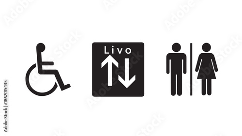 Accessible restroom signs with male and female symbols in simple black and white design for public facilities signage