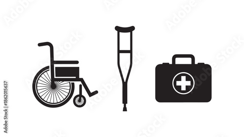 Medical Assistance Icons in Simple Flat Design with Black Silhouette on White Background for Healthcare