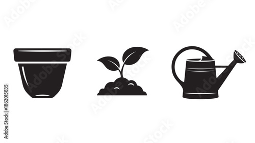 Plant Care Icons in Simple Flat Design with Monochromatic Color Scheme on White Background for Gardening Website