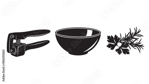 Kitchen Utensils and Herbs in Minimalist Black Silhouette on White Background for Cooking Blog