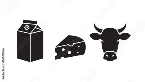 Cow head with milk carton and cheese slice in minimalist black silhouette for dairy product branding