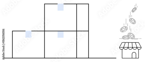 E-commerce, logistics, delivery services, retail profits, financial growth, small businesses. Stacked boxes and coins falling into a storefront. E-commerce and logistics concept