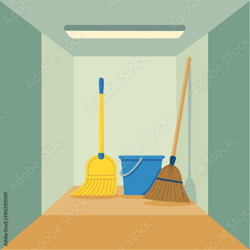 Janitor's closet - custodian filled with cleaning supplies in door