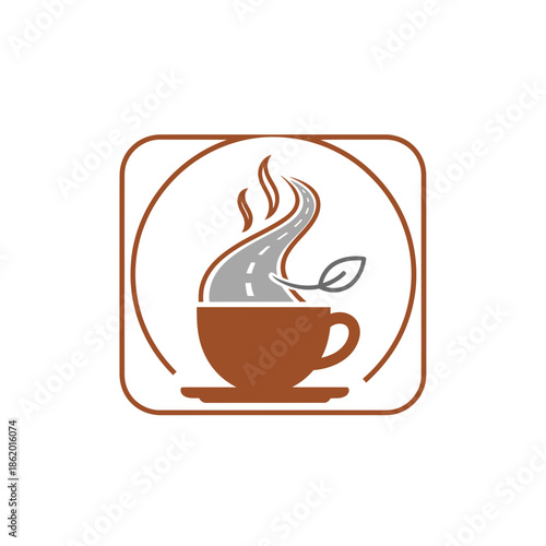 Steaming cup of coffee in a modern graphic illustration with abstract steam and leaf