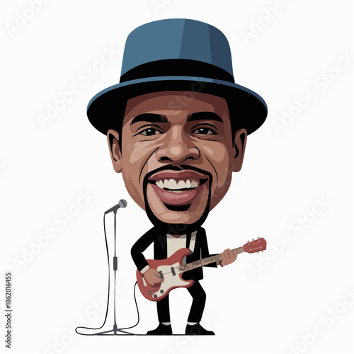 Professional musician playing guitar and singing on microphone