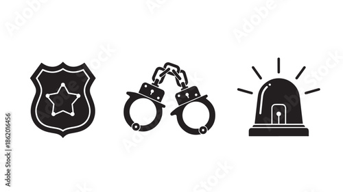 Police icons set in simple flat design with black color on white background for law enforcement