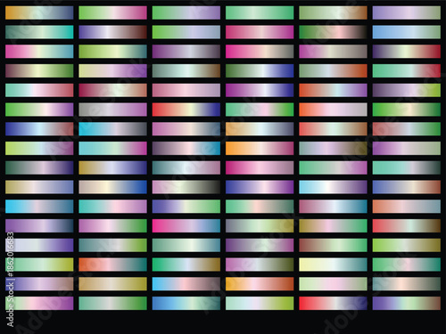 Grid of metallic gradient bars: glossy horizontal color swatches on a black background