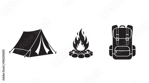 Camping Icons Set in Simple Flat Design with Black Silhouette and White Background for Outdoor Adventure