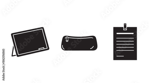 Digital tablet, wireless mouse, and clipboard with checklist in simple flat design, modern minimalist style, monochrome black color, digital illustration, for software interface