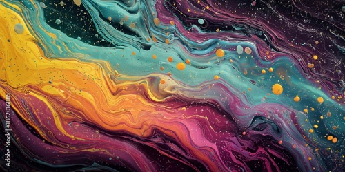 Abstract, cinematic background of intensely flowing psychedelic liquid art with vibrant yellow, cyan, and magenta waves, featuring glossy bubbles and particles.