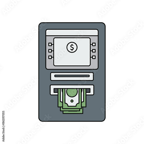 An ATM dispensing cash in a public environment viewed from the front