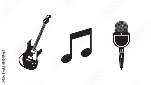 Guitar and Microphone Silhouette in Simple Monochrome on White Background for Music Icon Set