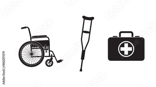 Medical Supplies Set in Simple Monochrome Design on White Background for Healthcare