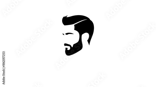 Vector silhouette of a man's face with a neat beard and stylish hairstyle, minimalist icon of a man's head for a barbershop logo, business card design, and men's cosmetics branding.